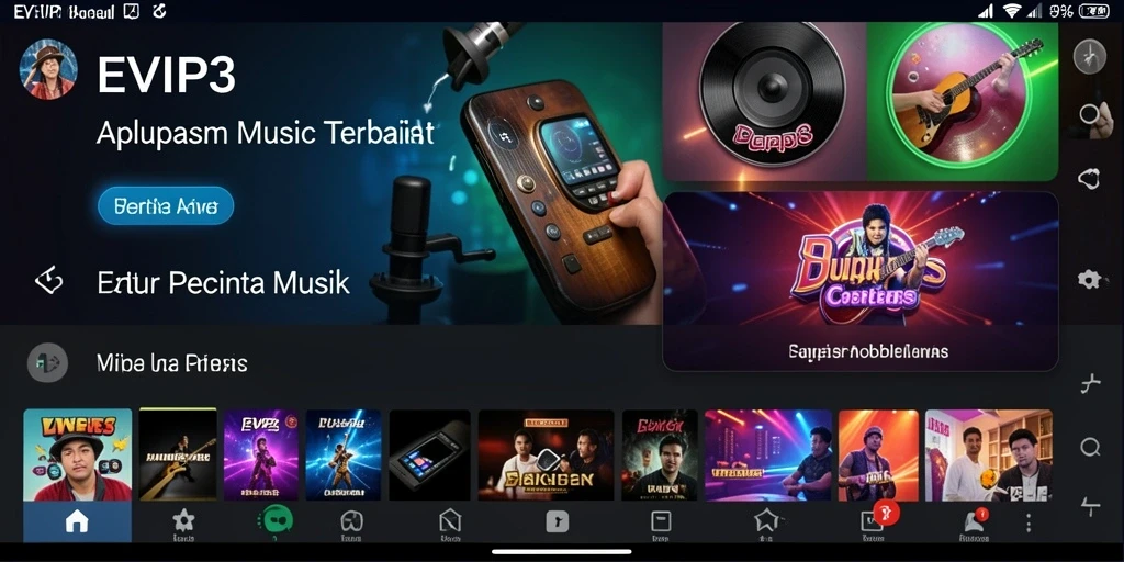 Screenshot utama EVIP3 menunjukkan antarmuka permainan musik yang menarik.