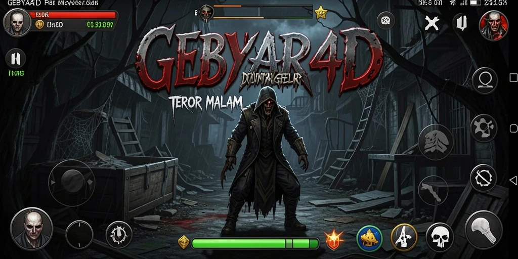 Screenshot gameplay GEBYAR4D yang menegangkan dengan suasana horor.