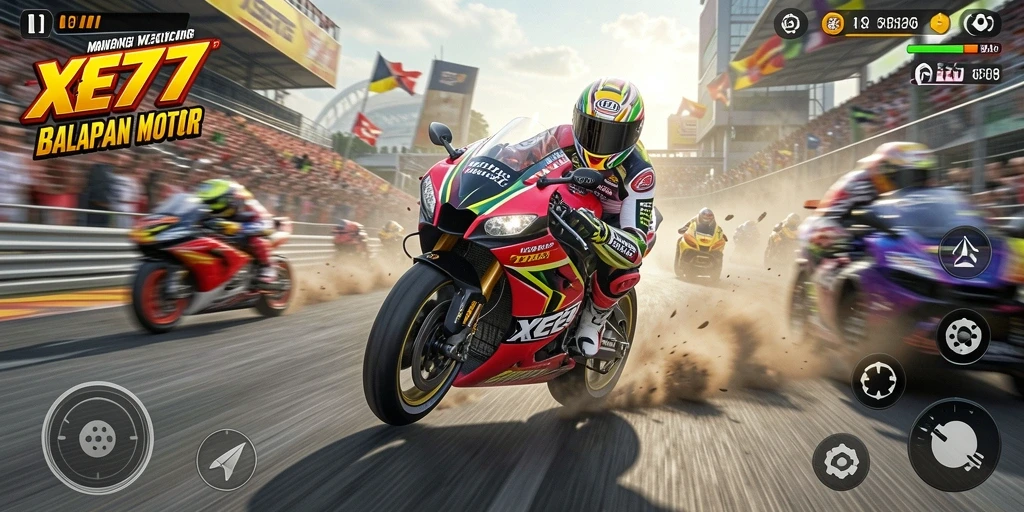 Gameplay mendebarkan XE77 dengan balapan motor yang seru.